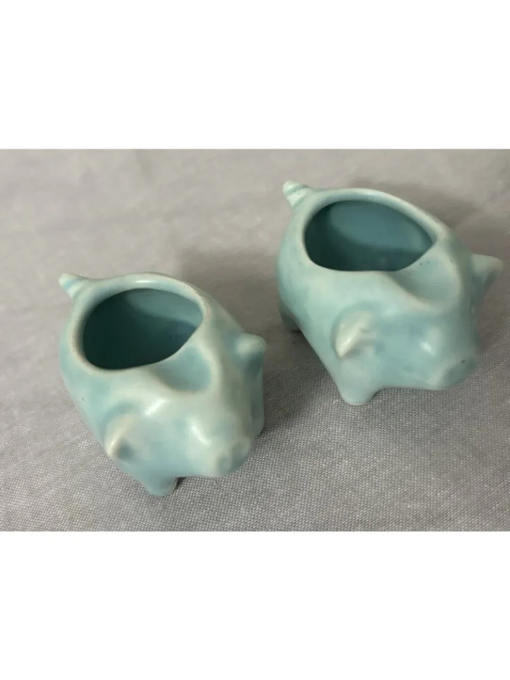 Vintage PAIR Stangl  Pottery Pig Ashtray Antique Blue Teal MCM